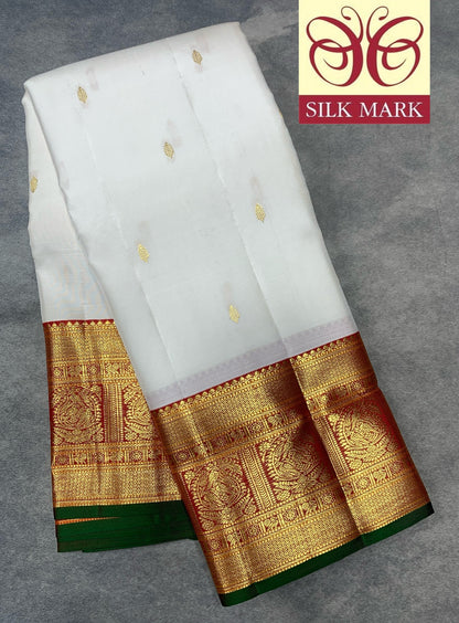 Pure Kanchipuram Silk Off White Colour with Red and Golden Zari Border