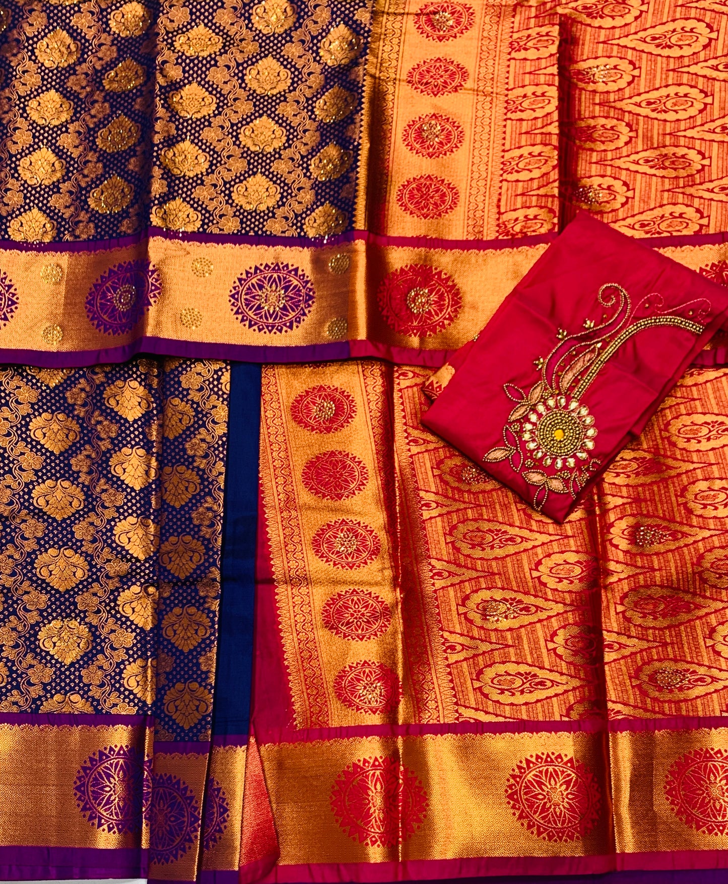 Bridal Vegan Silk Saree Violet shade with Pink Border with Unstitched blouse in Aari work