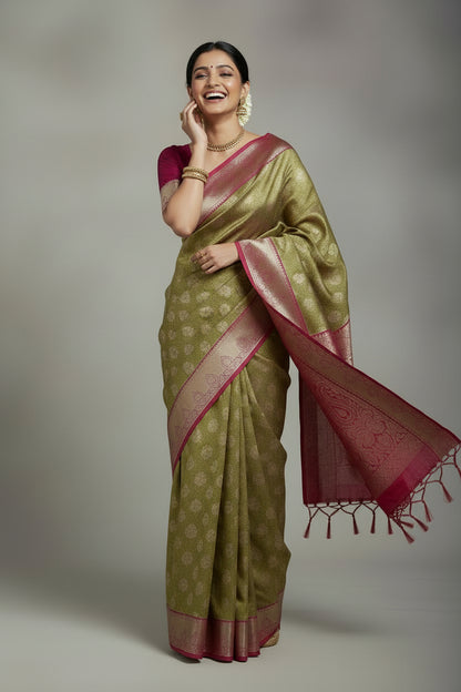 Vegan Silk Saree Mustard Colour with Pink and Copper Border