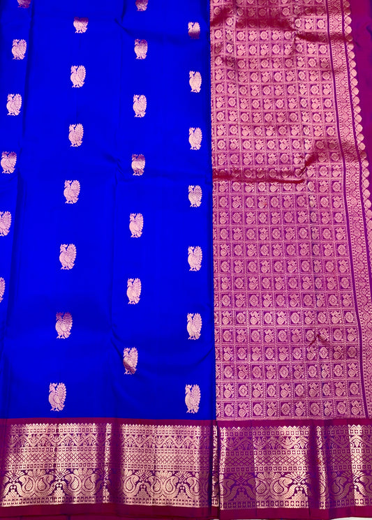 Pure Kanchipuram Silk Saree Blue Colour with Magenta Border