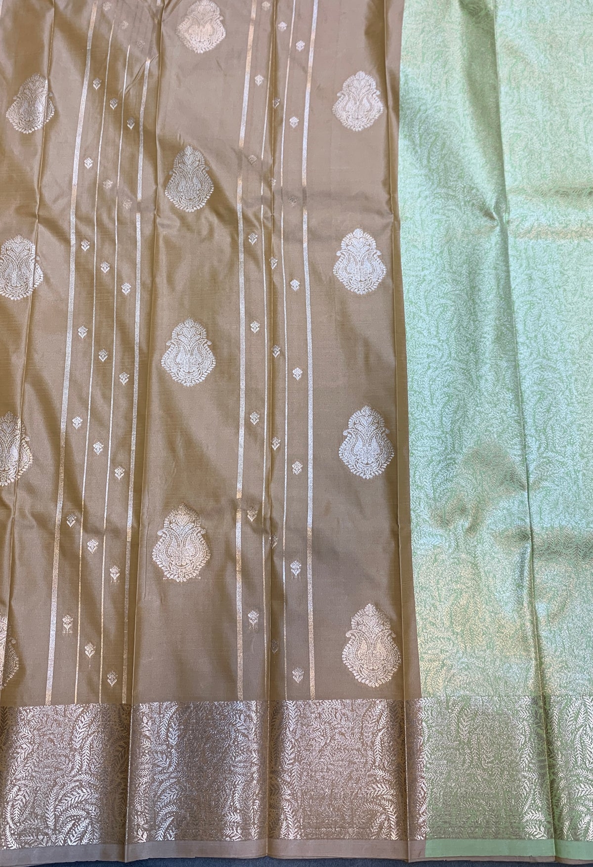 Soft Silk Casual Saree Antique Gold with Sliver Zari Border