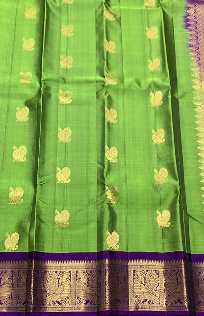 Pure Kanchipuram Silk Saree Olive Green Colour with Blue Border
