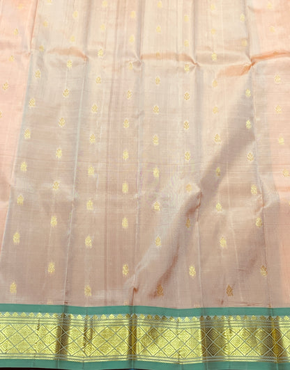 Pure Kanchipuram Silk Saree Biscuit Colour with Light Green and Gold Zari Border