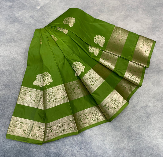 Soft Silk Casual Saree Olive Green Colour with Rettai Pettu Border