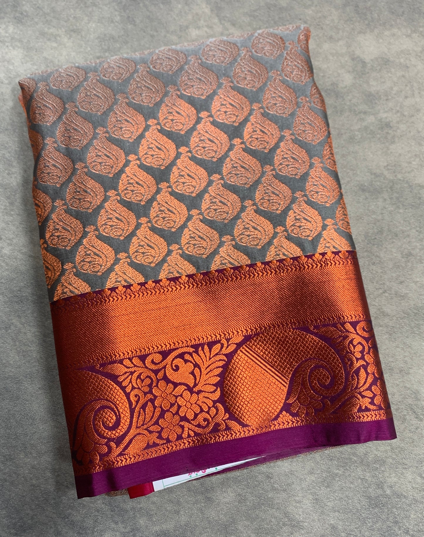 Vegan Silk Saree Greyish Brown Colour Saree with Copper Paisly Mango Motifs