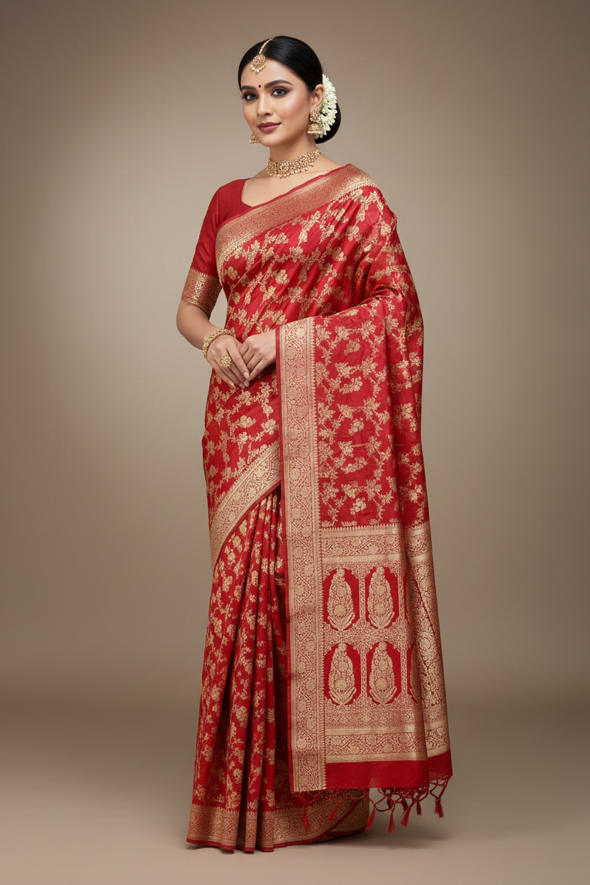 Pure Banaras Silk Saree Red Colour with gold zari jaal work