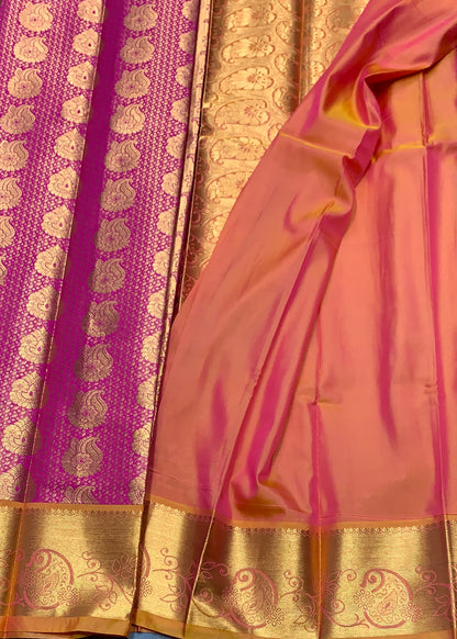Vegan Silk Saree Pink Colour with Golden Yellow and Copper Border