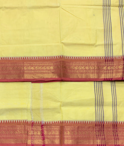 Chettinad Cotton Saree Yellow Colour with Light Pink Border