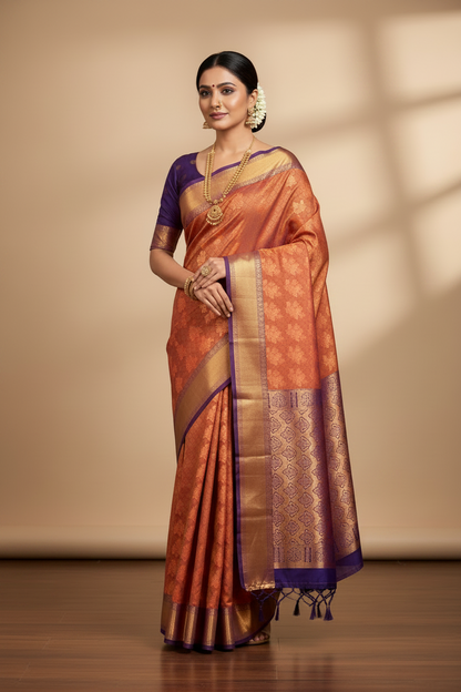 Vegan Silk Saree Brown Colour Saree with Copper and Floral Design