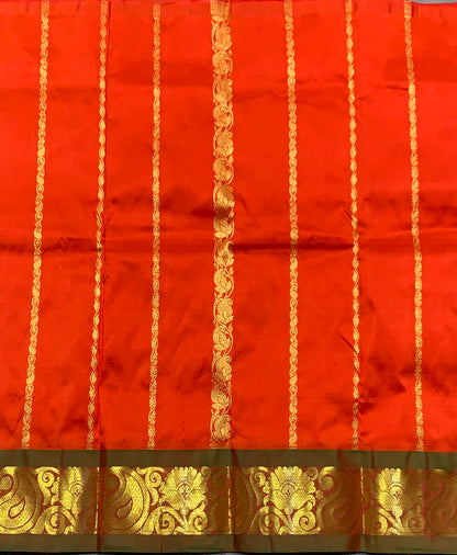 Orange Shade Pure Kanchipuram Kids Pattu Pavadai with Contrast Border for Newborn to 2 Years