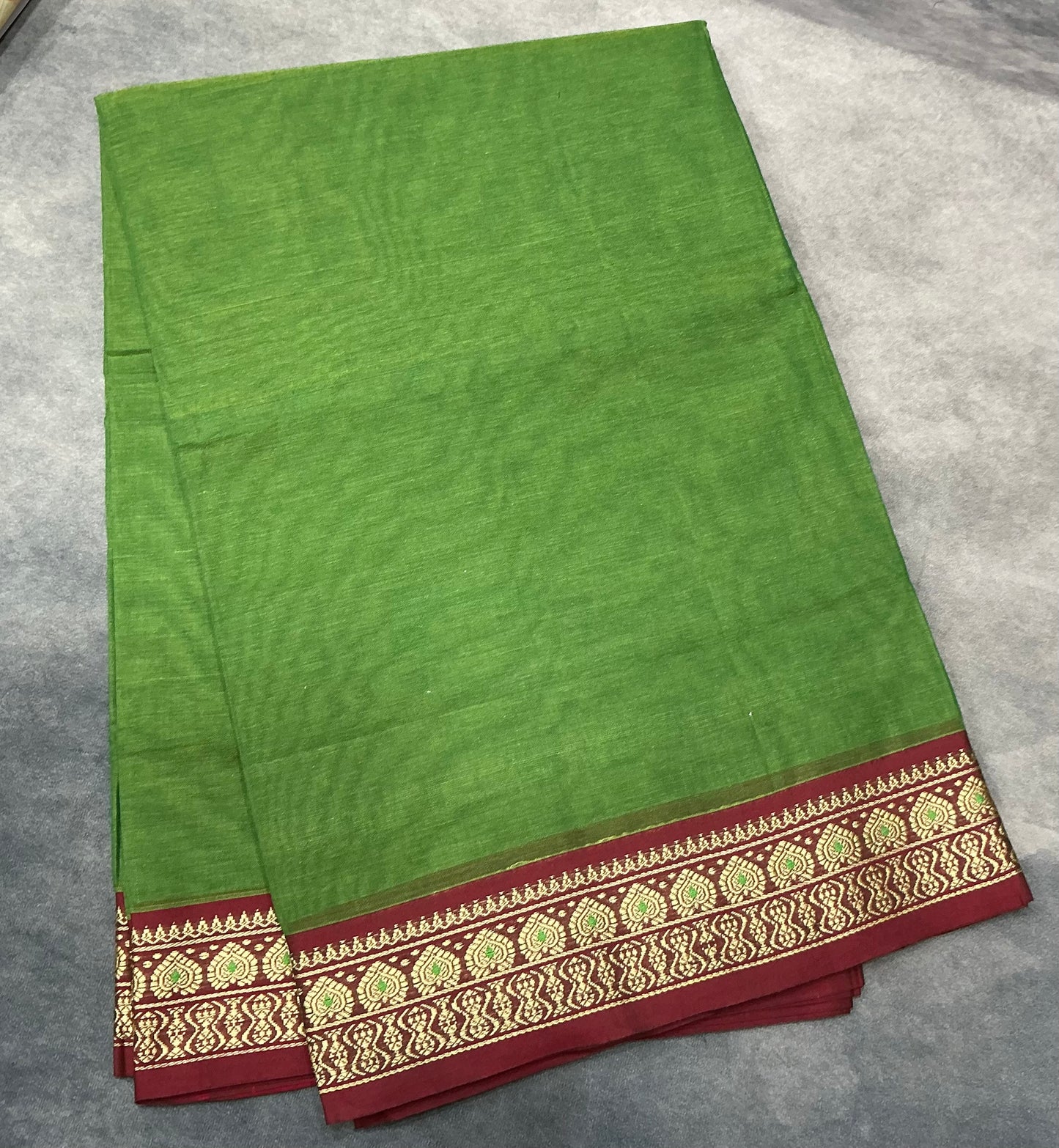 Chettinad Cotton Saree Olive Green Colour with Maroon Colour with Thread Work Border