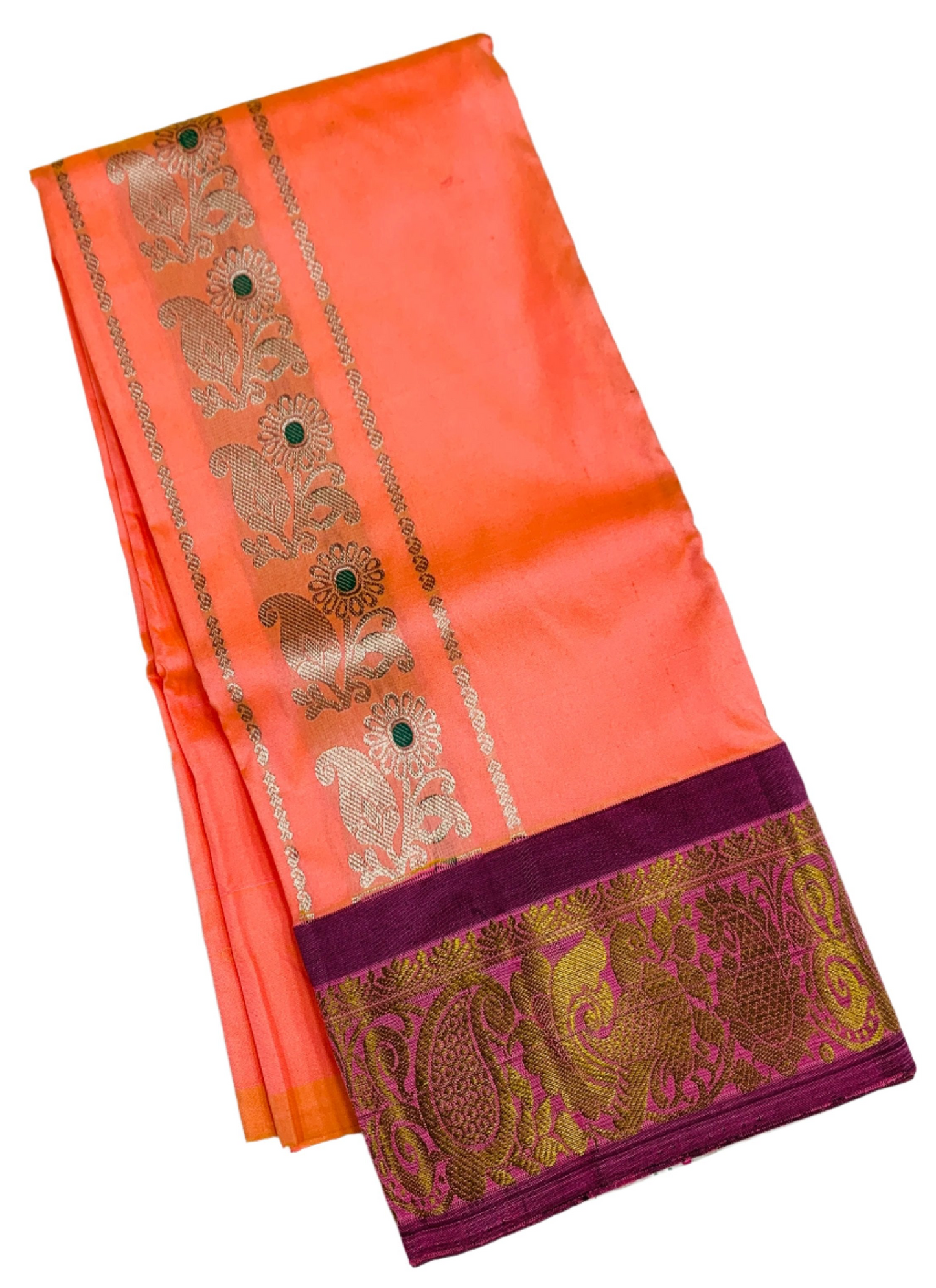 Salmon shade Semi silk Kids Pattu Pavadai with contrast border for age 2 to 5