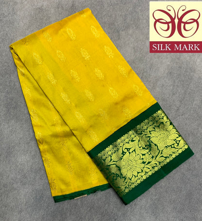 Lemon Yellow Shade Pure Kanchipuram Kids Pattu Pavadai with Contrast Border for Newborn to 2 Years