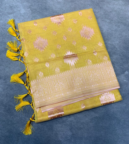 Banaras Katan Saree Yellow Colour with Katan Work Border
