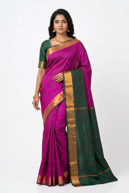 Fancy Cotton Saree Rani Pink Colour with Copper Zari Border