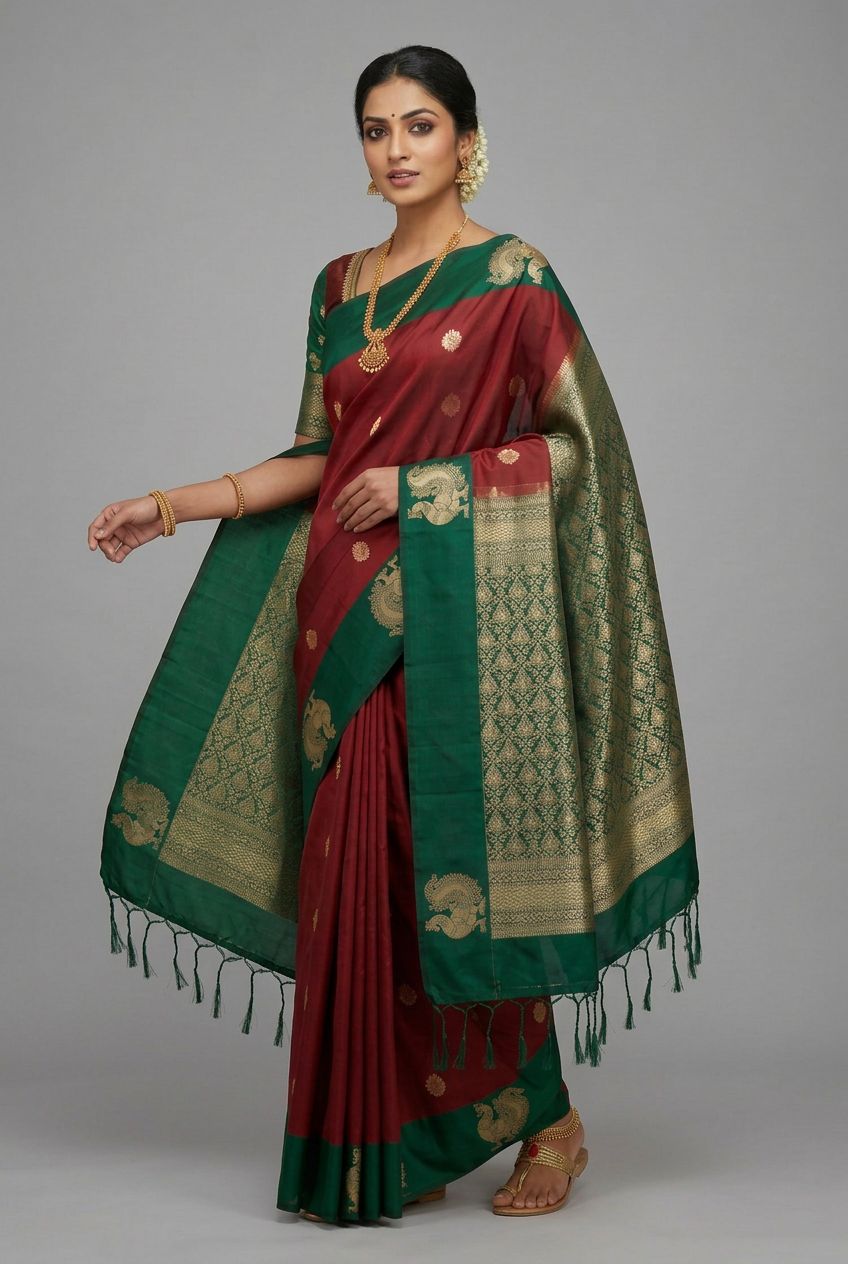 Art Silk Saree Maroon Colour with Green Colour Border
