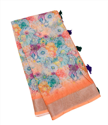 Jute Cotton Saree Peach Shade with Thread Border