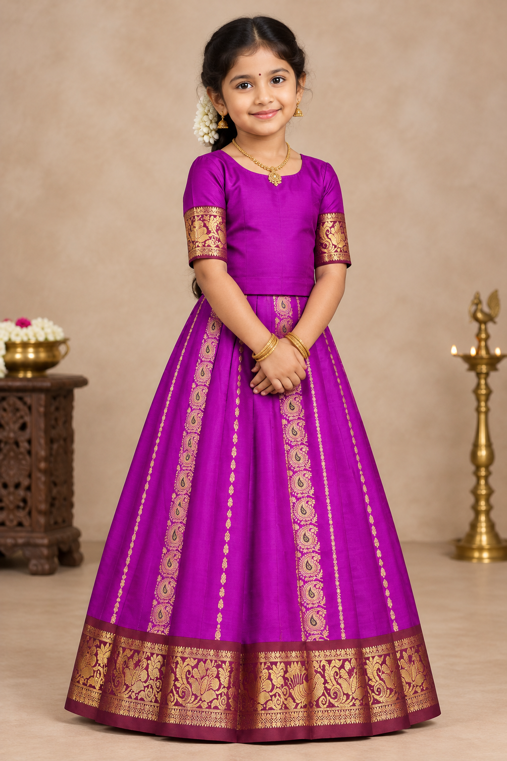 Pink shade Semi Silk Kids Pattu Pavadai with Contrast border for age above 10 years