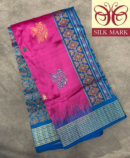 Pure Kanchipuram Silk Pink Colour with Sky Blue Colour Thread Work Border