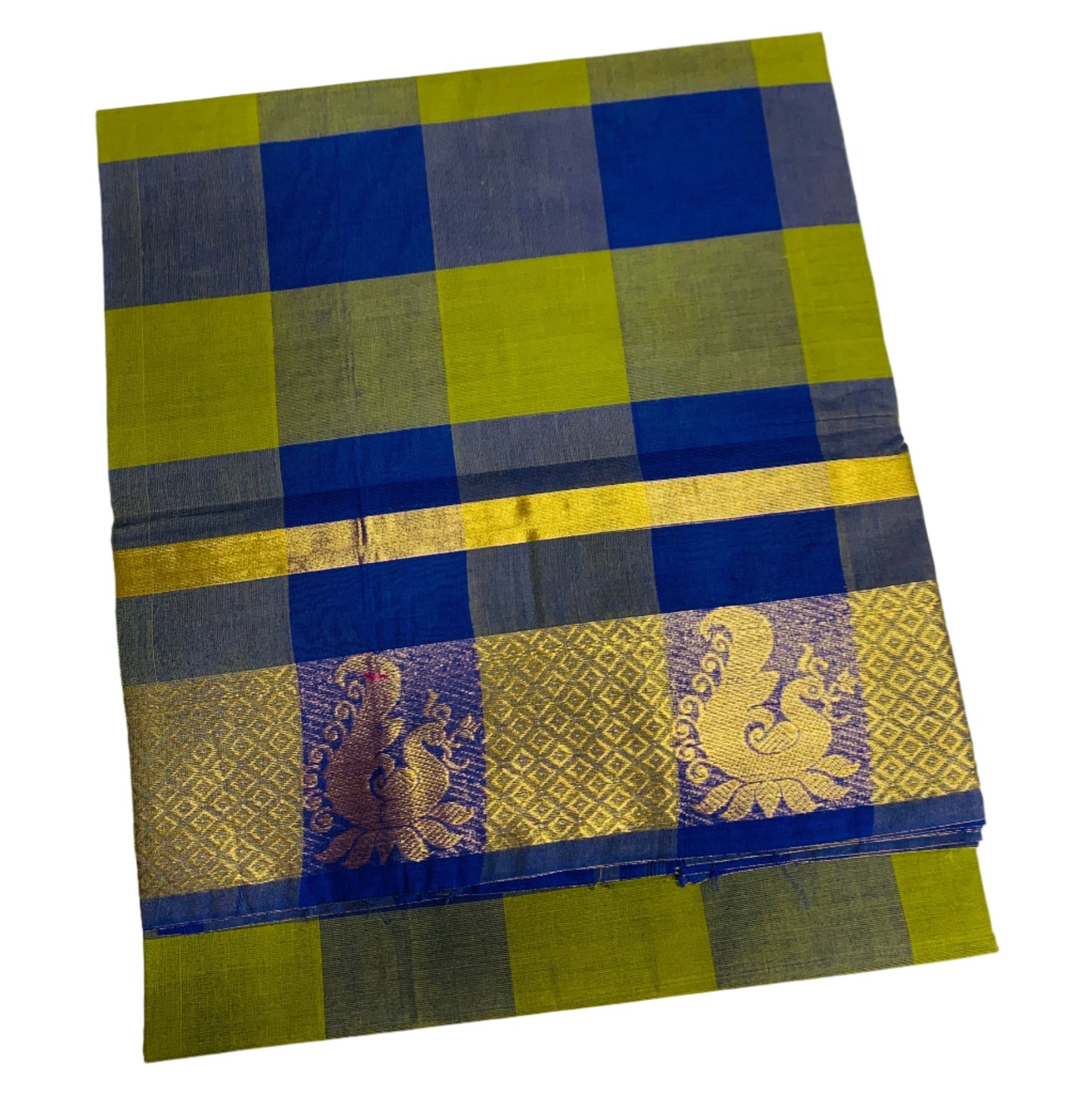 Chettinad Cotton Saree Olive Green and Blue Colour with Checked Design