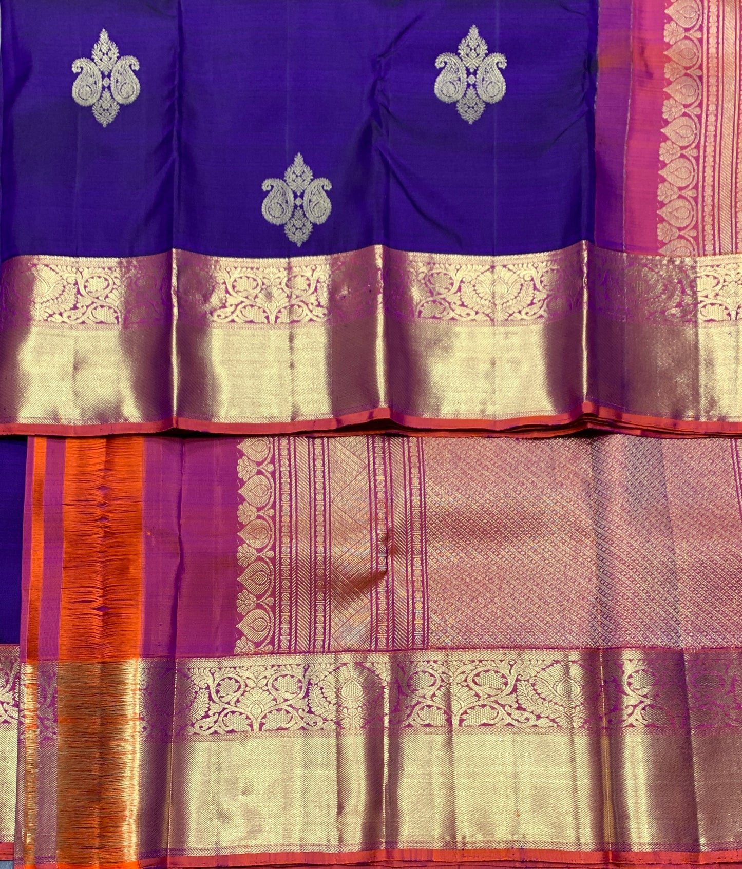 Pure Kanchipuram Silk Saree Blue Colour with Orange Border