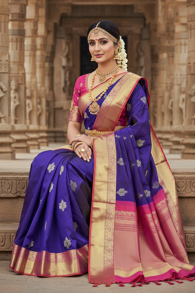 Pure Kanchipuram Silk Saree Blue Colour with Orange Border