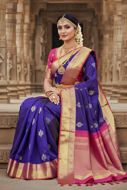 Pure Kanchipuram Silk Saree Blue Colour with Orange Border
