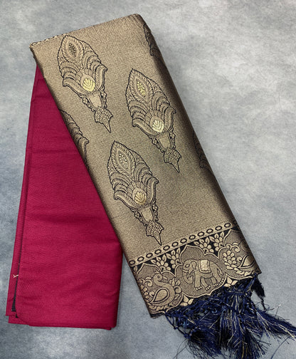 Soft Silk Casual Saree Dark Pink Colour with Navy Blue Colour Border