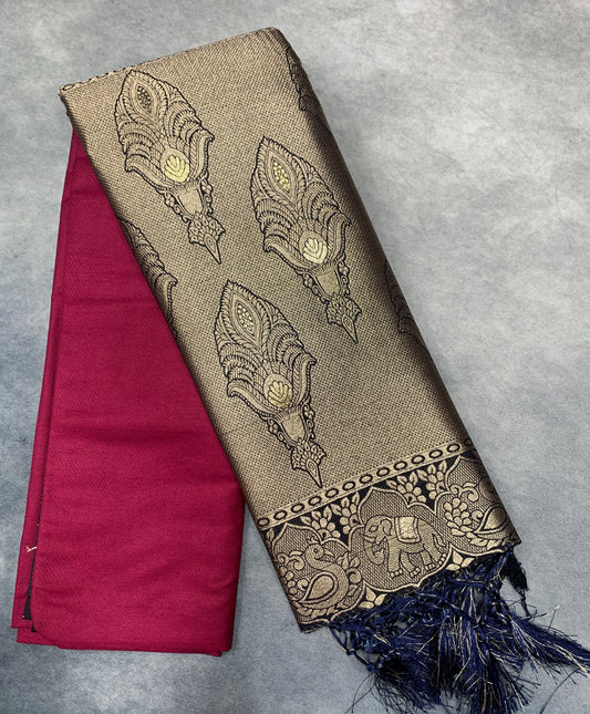 Soft Silk Casual Saree Dark Pink Colour with Navy Blue Colour Border