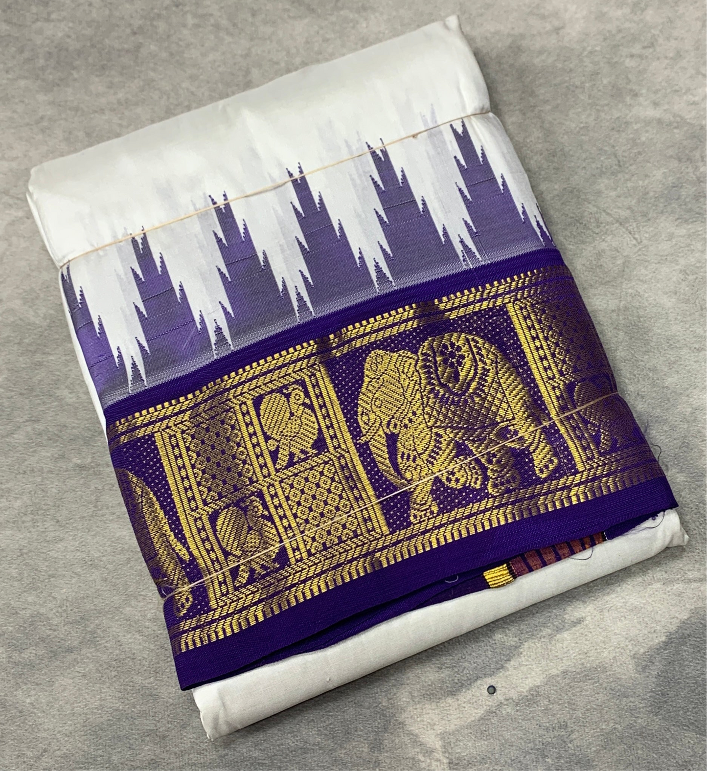 10X6 Pure Silk Dhoti White Colour with Purple and Green Colour Border
