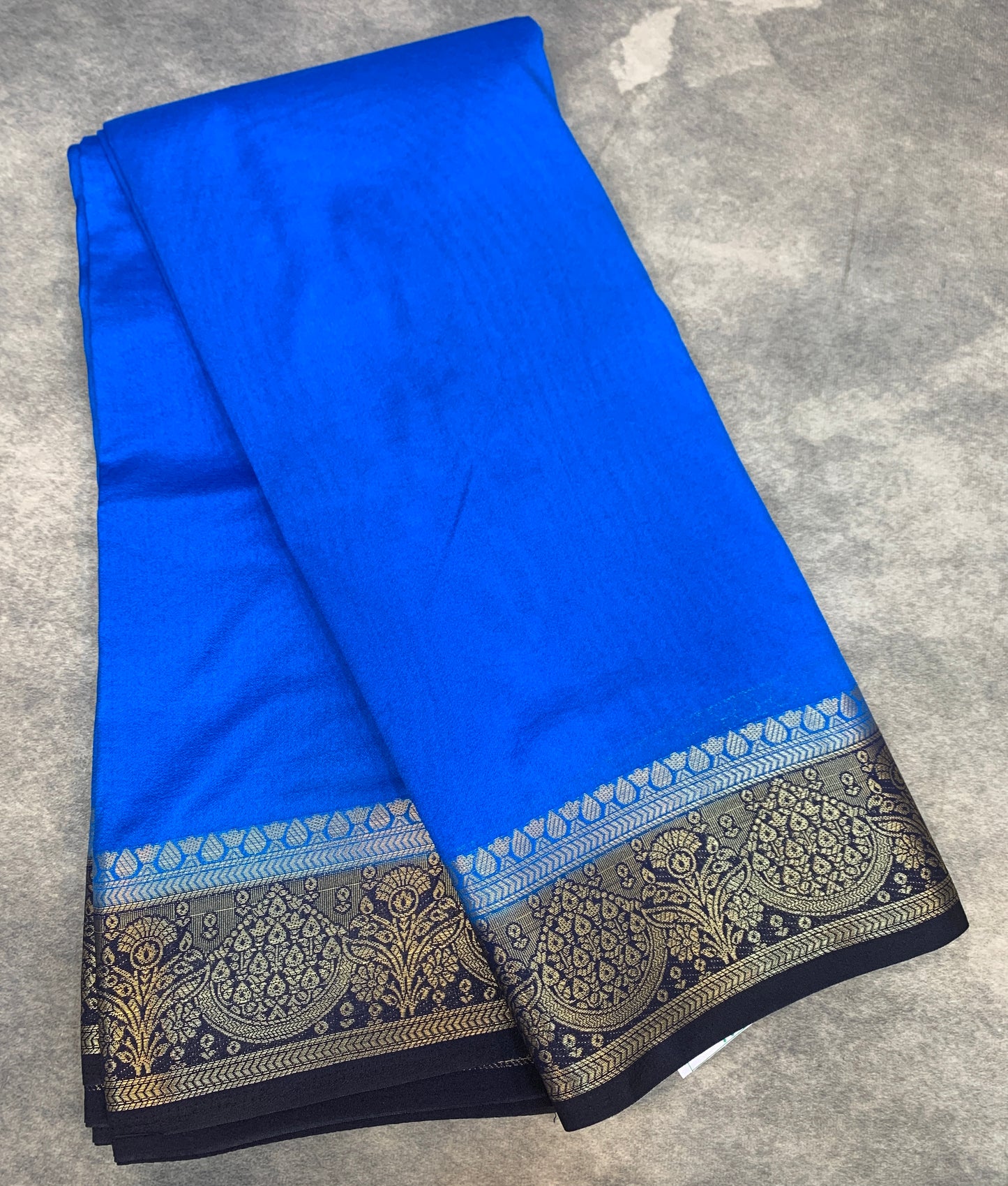 Crepe Saree Aqua Blue Colour with Navy Blue Border