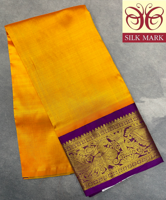 Mango Yellow Shade Pure Kanchipuram Kids Pattu Pavadai with Contrast Border for Newborn to 2 Years