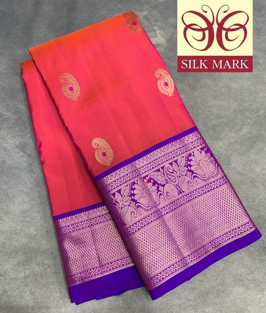 Pure Kanchipuram Silk Saree Peachish Pink Colour with Purple Border