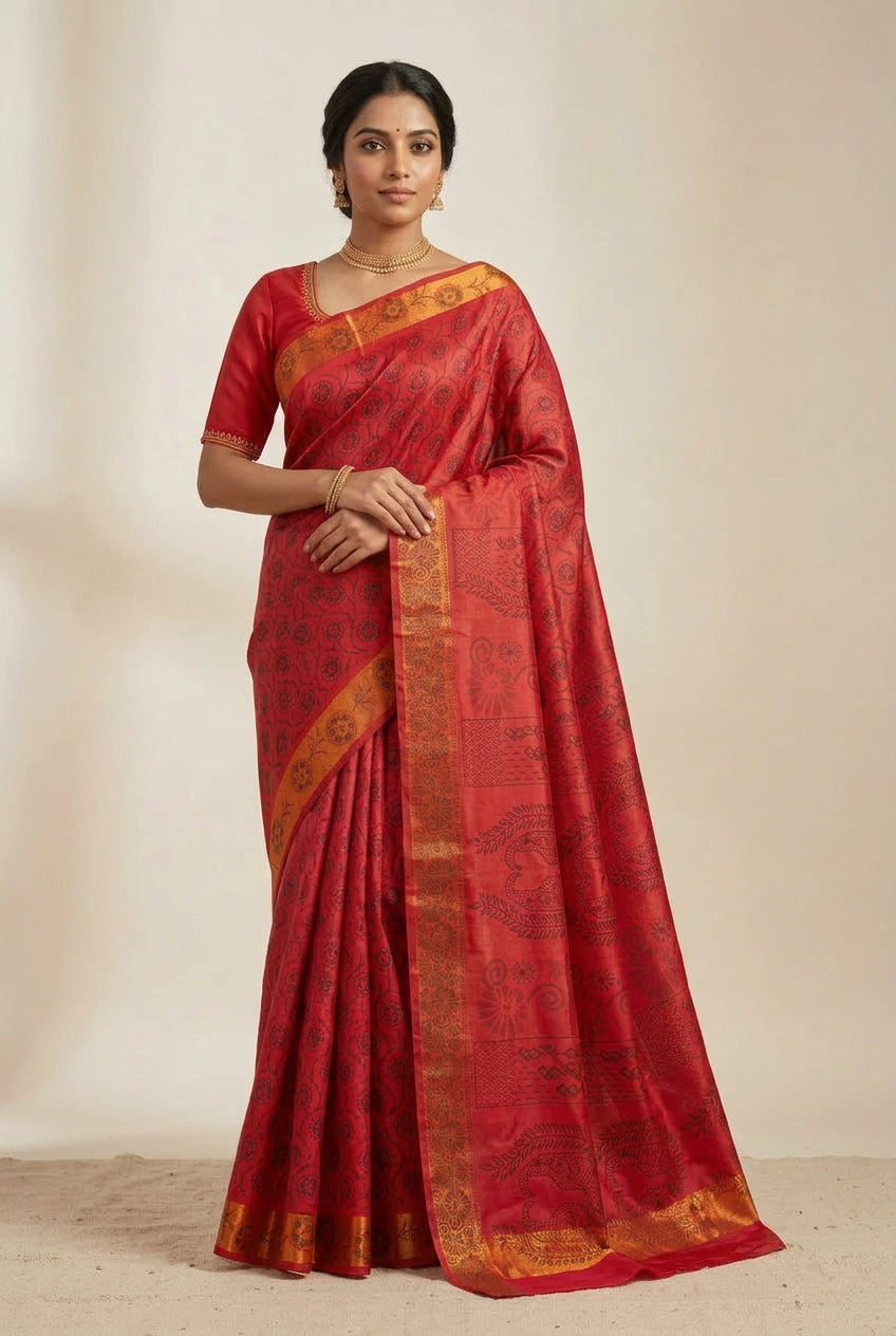 Fancy Cotton Saree Maroon Colour with Copper Border