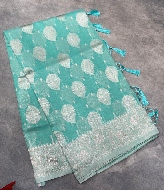 Banaras Katan Saree Sapphire Colour with Katan Work Border