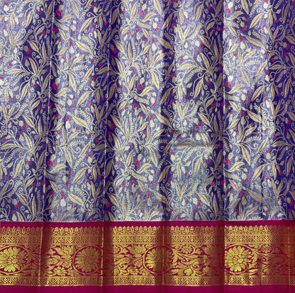 Blue Shade Vegan Silk Kids Pattu Pavadai with Contrast Border for Newborn to 2 Years
