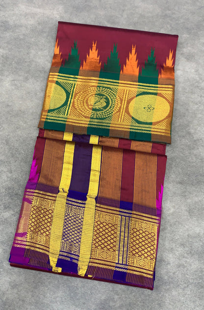 6 Mulam Silk Pooja Towel Maroon Colour with Ganga Jamuna Korvai Border