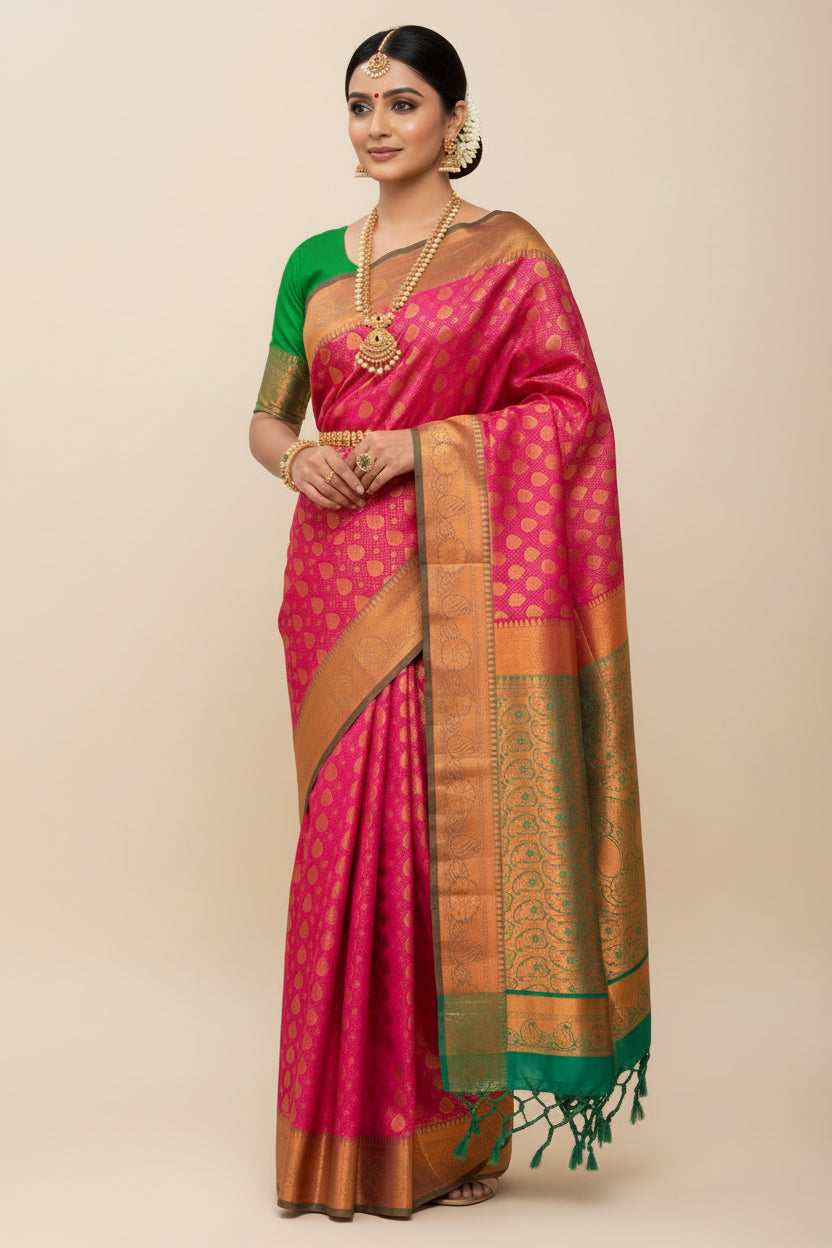 Vegan Silk Saree Pink Colour with Green and Copper Border