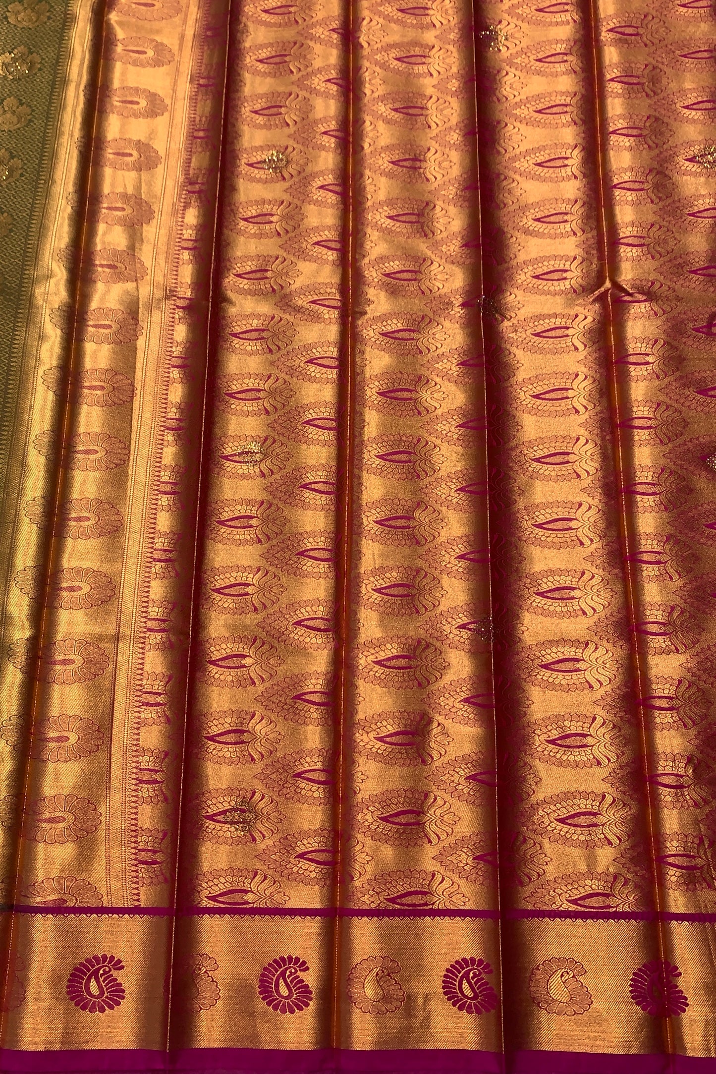 Vegan Silk Saree Olive Green Colour with Copper and Pink Border