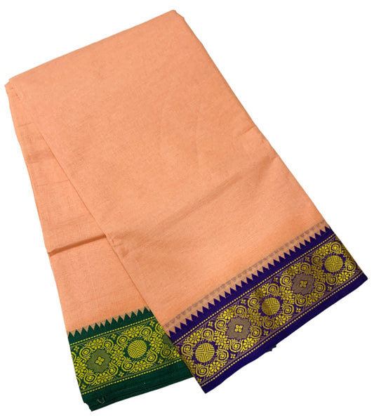 9X5 Cotton Dhoti Light Salmon Colour with Blue and Green Border