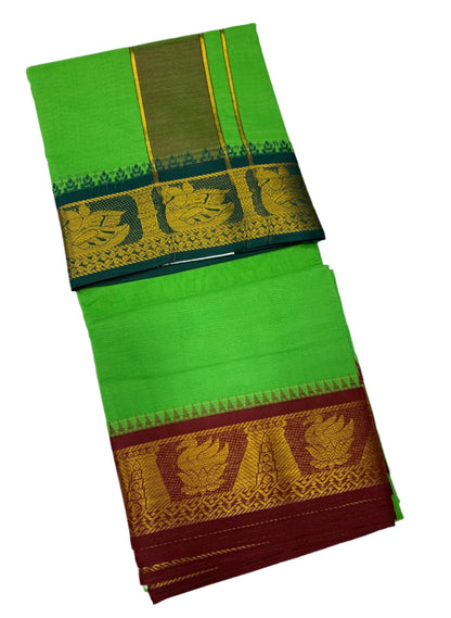 9X5 Cotton Dhoti Light Green Colour with Green and Maroon Border