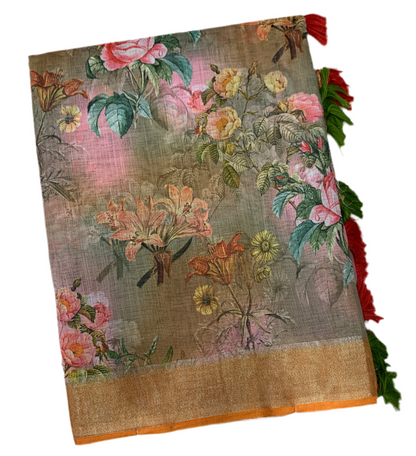 Jute Cotton Saree Gray Shade with Thread Border