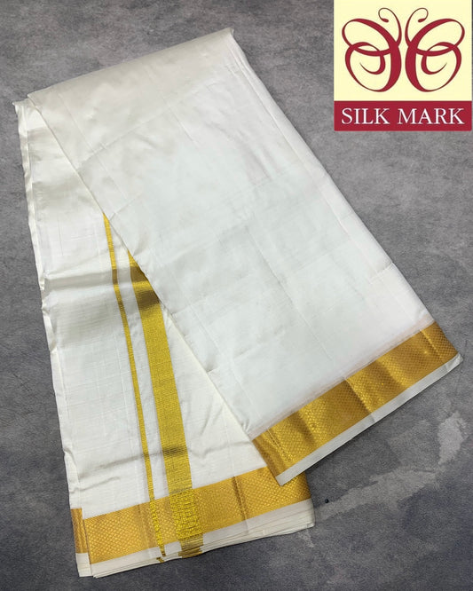 10X6 Pure Silk Dhoti Cream Colour with Golden Zari Border