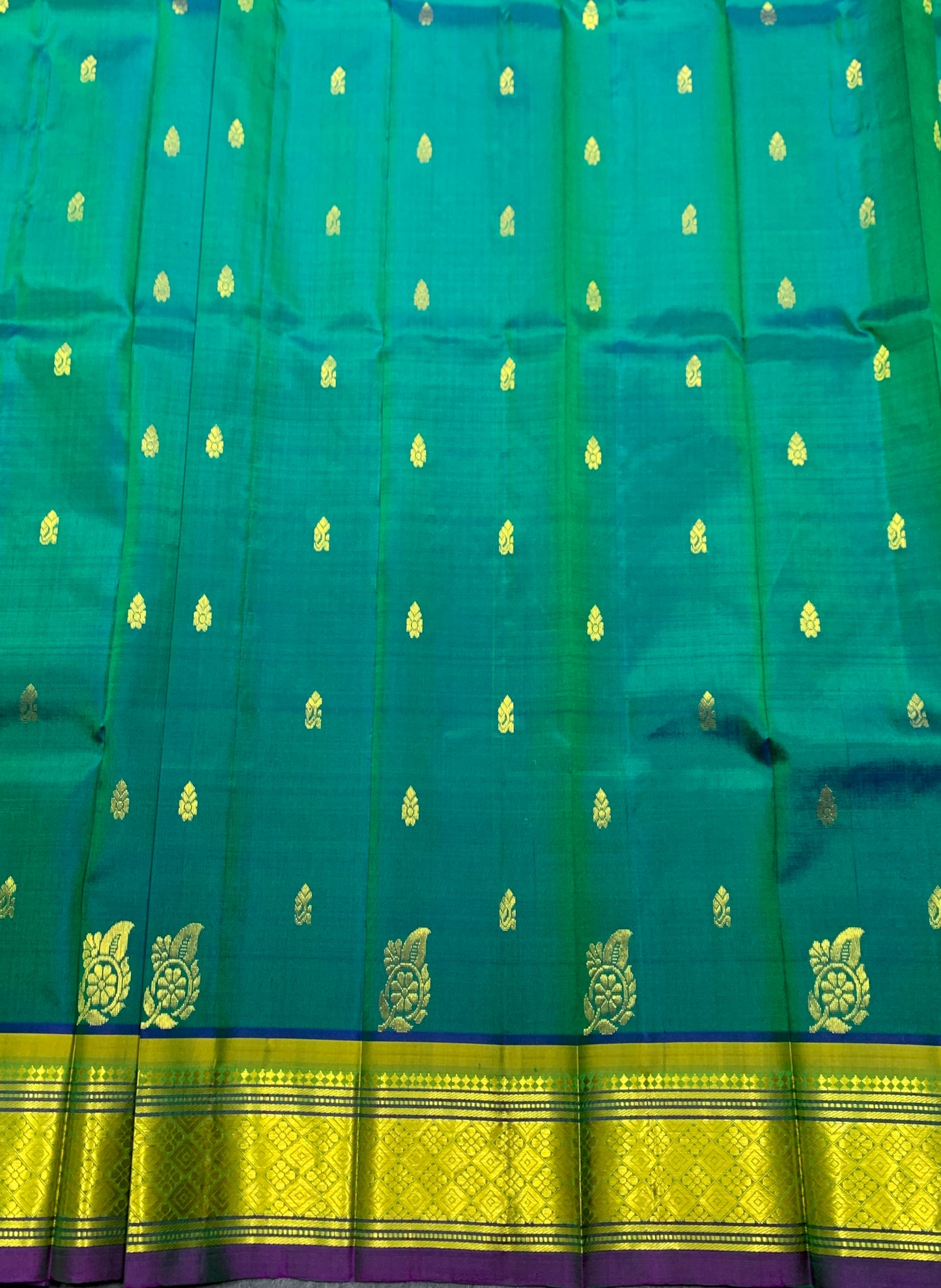 Pure Kanchipuram Silk Saree Green Colour with Purple and Gold Zari Border