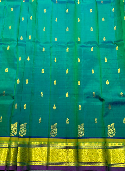 Pure Kanchipuram Silk Saree Green Colour with Purple and Gold Zari Border