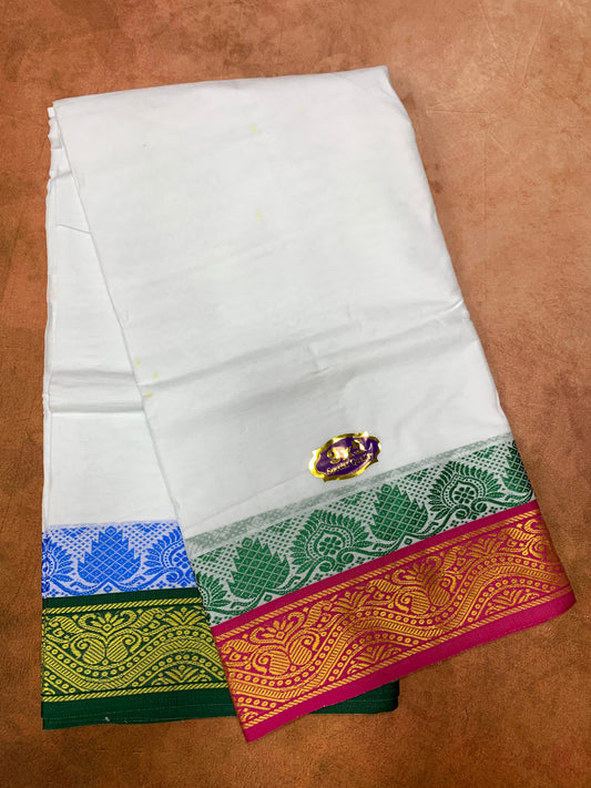 9X5 Cotton Dhoti White with Pink and Green Ganga Jamuna Border