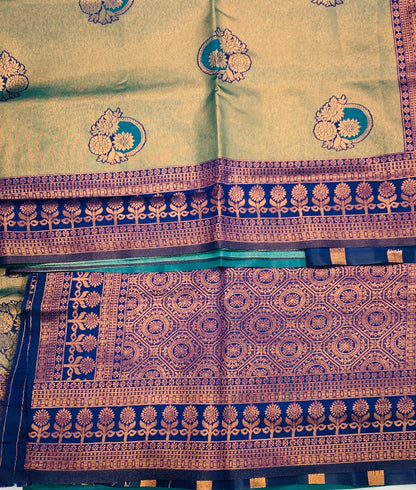 Art Silk Saree Peacock Green Colour with Navy Blue Border