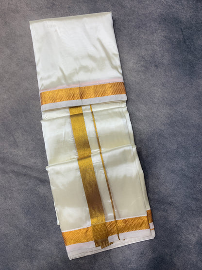 Art Silk Dhoti 8 Mulam Cream with Small Gold Zari Border