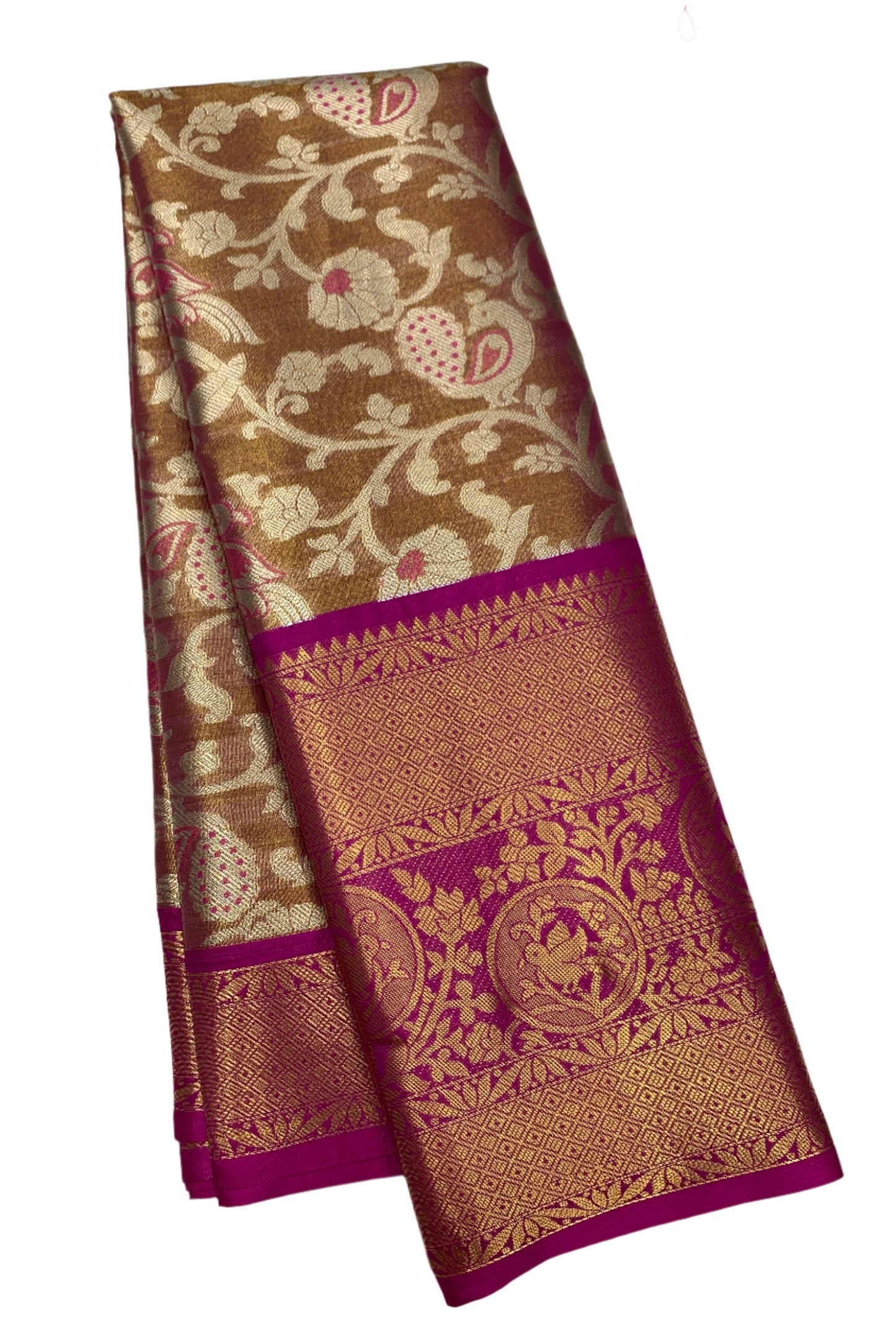 Fancy Tissue Saree Golden Colour with Pink Border