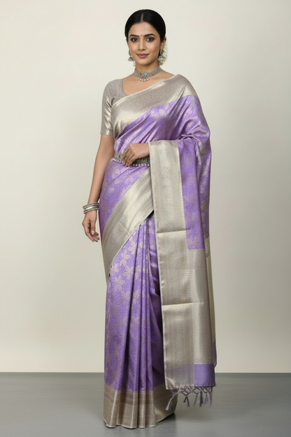 Fancy Tissue Saree Lavender Colour with Sliver Colour Border